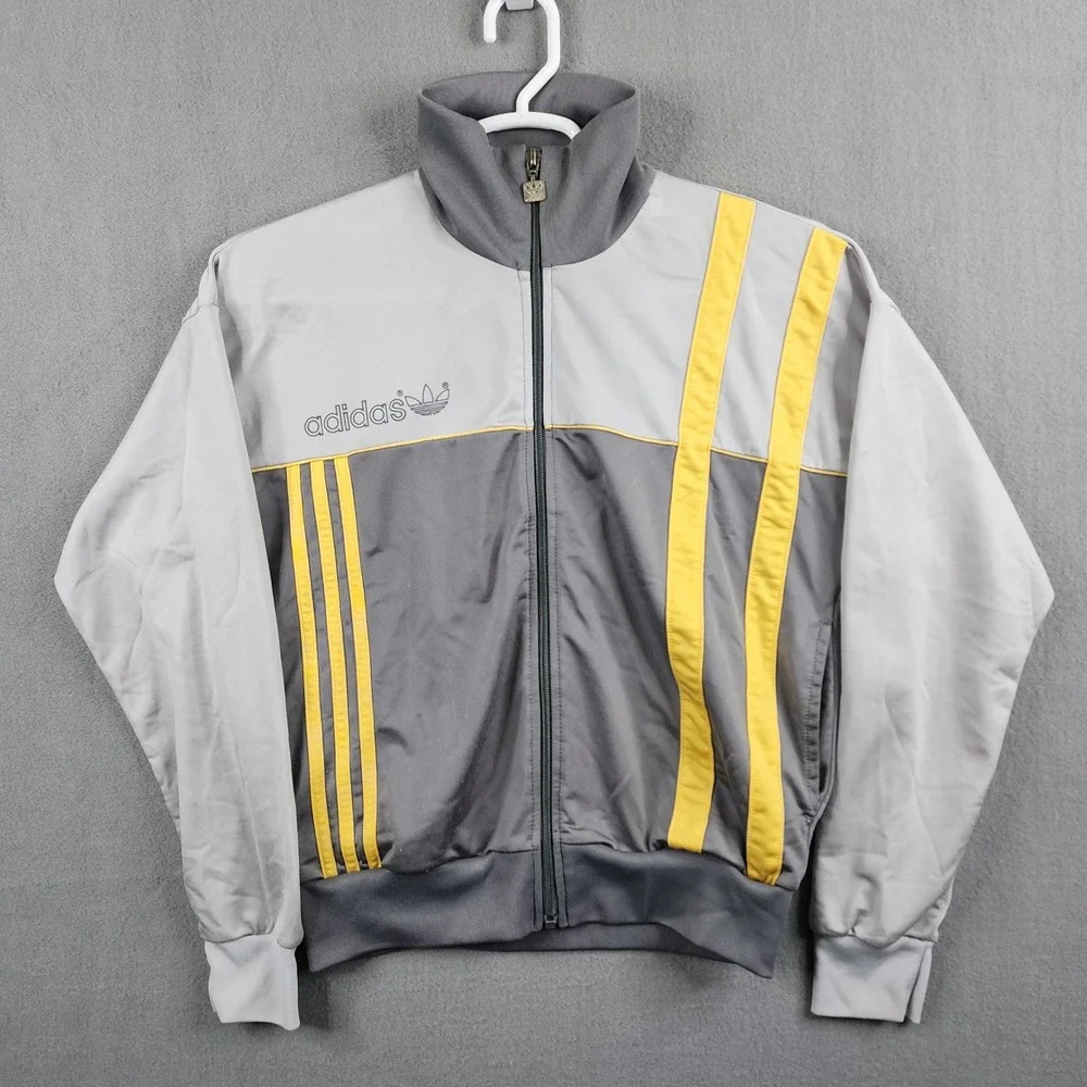 Vintage Adidas Track Jacket Mens Grey‎ Yellow 3 Stripe Full Zip Fit Men Smalll